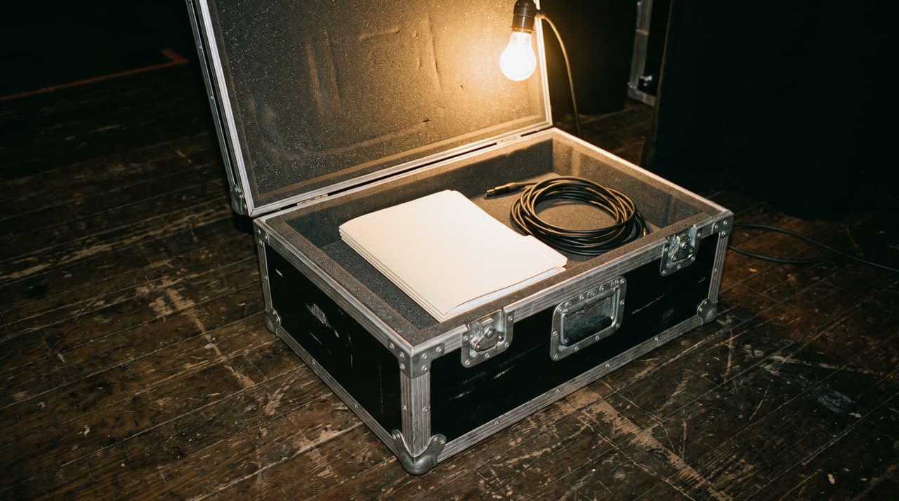 An open black road case with one document folder and a coiled cable set into the foam, lit by a single bare work light