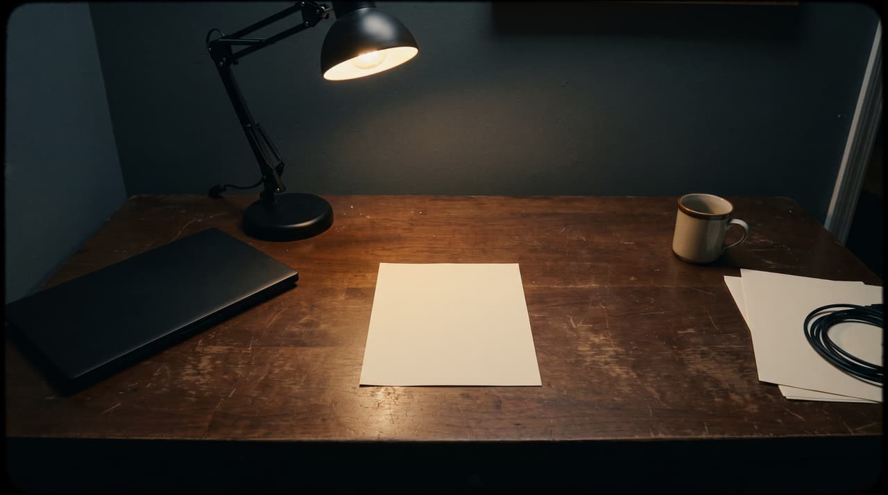 A venue production office desk at night: one blank sheet squared in the centre under a desk lamp, a closed laptop, a coffee mug and a coiled cable