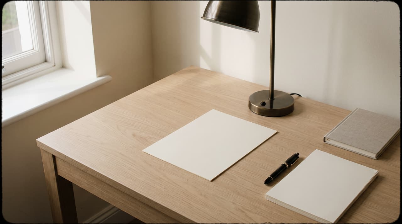 A quiet daylit desk with a blank sheet of paper, a brass lamp and a pen