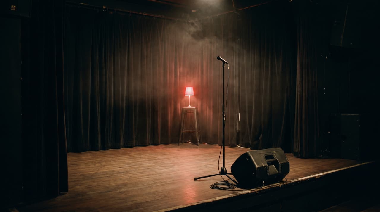 A small dark club stage between sets with a single red lamp, a microphone stand and a monitor wedge