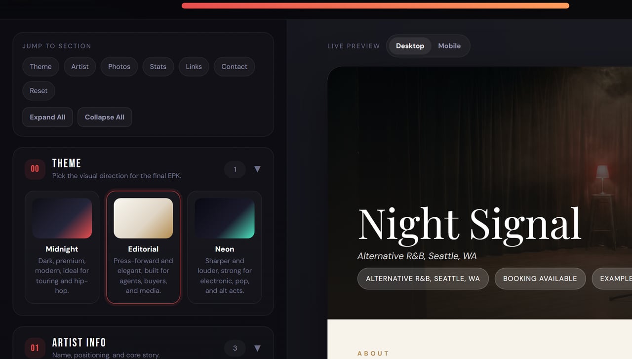 The EPK Builder with the Editorial theme selected: cream press kit preview with serif headings for the fictional act Night Signal