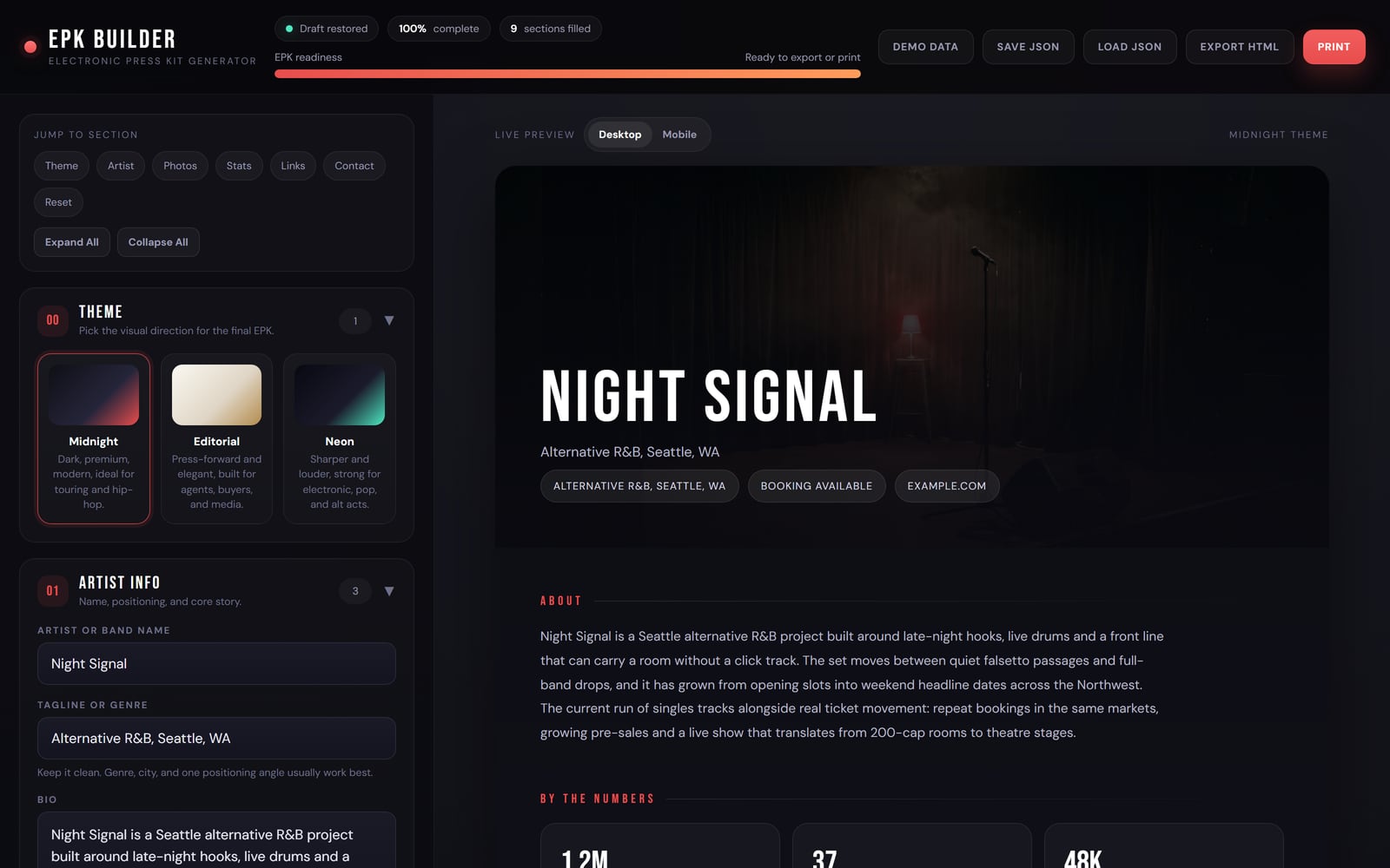 The EPK Builder interface: the editor on the left with theme cards and artist fields, the live press kit preview on the right showing the fictional demo act Night Signal in the Midnight theme