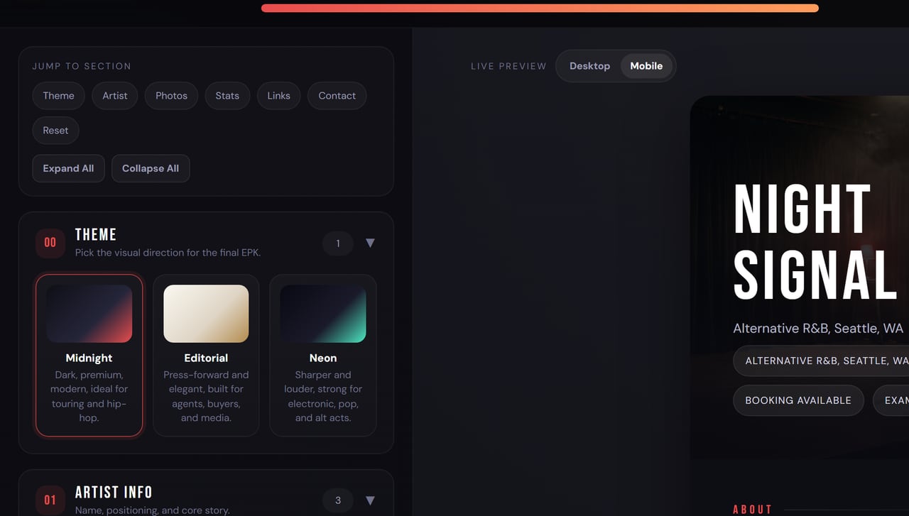 The EPK Builder with the live preview switched to phone width, the editor still open on the left