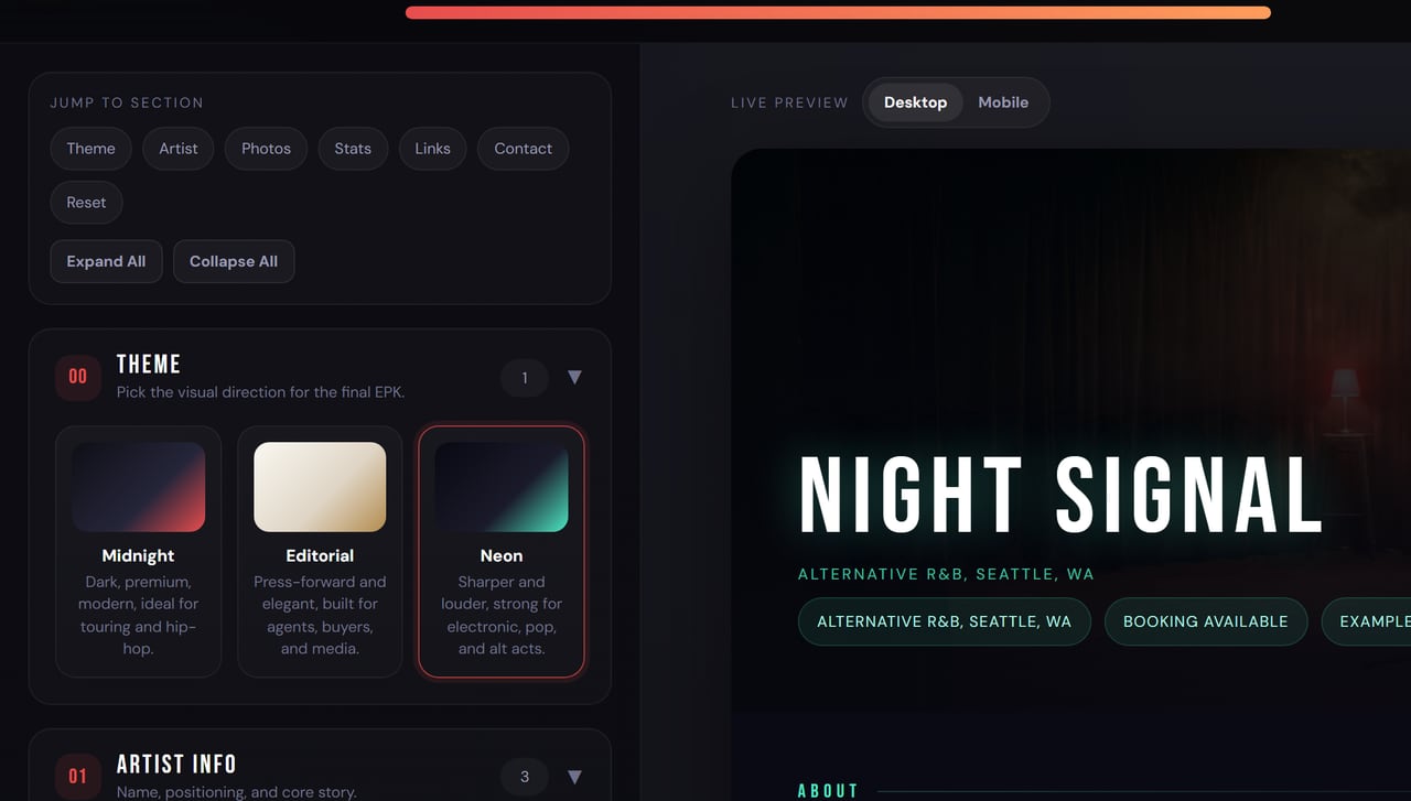 The EPK Builder with the Neon theme selected: dark preview with teal accents for the fictional act Night Signal